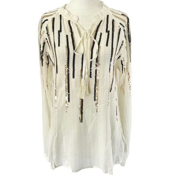 New Free The Roses Sequin Striped Tassel Tie Peasant Top Ivory Black Gold Medium - Picture 2 of 16